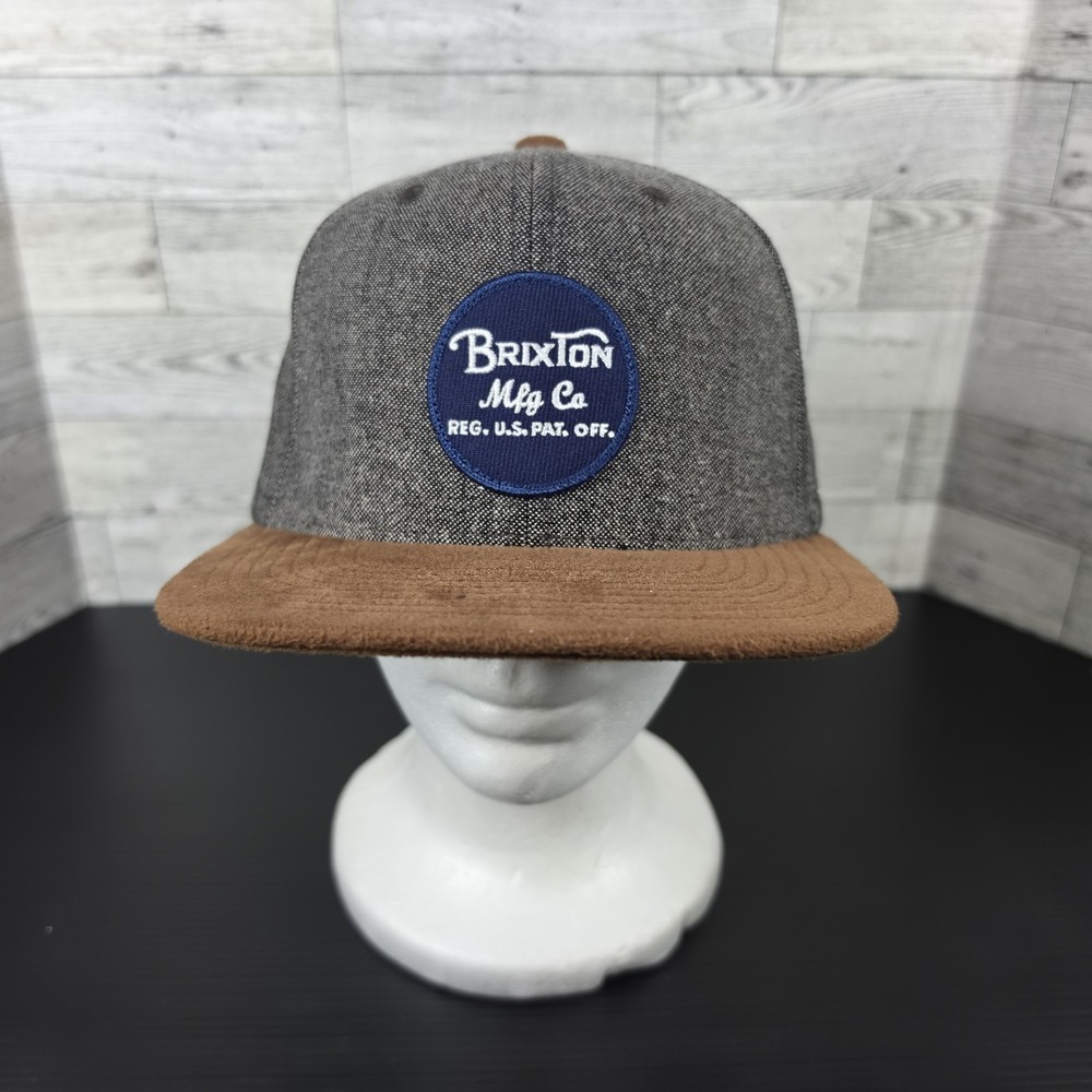 Brixton Supply Hat Cap Snap Back Gray Brown Suede Brim Patch Flat Bill Mens